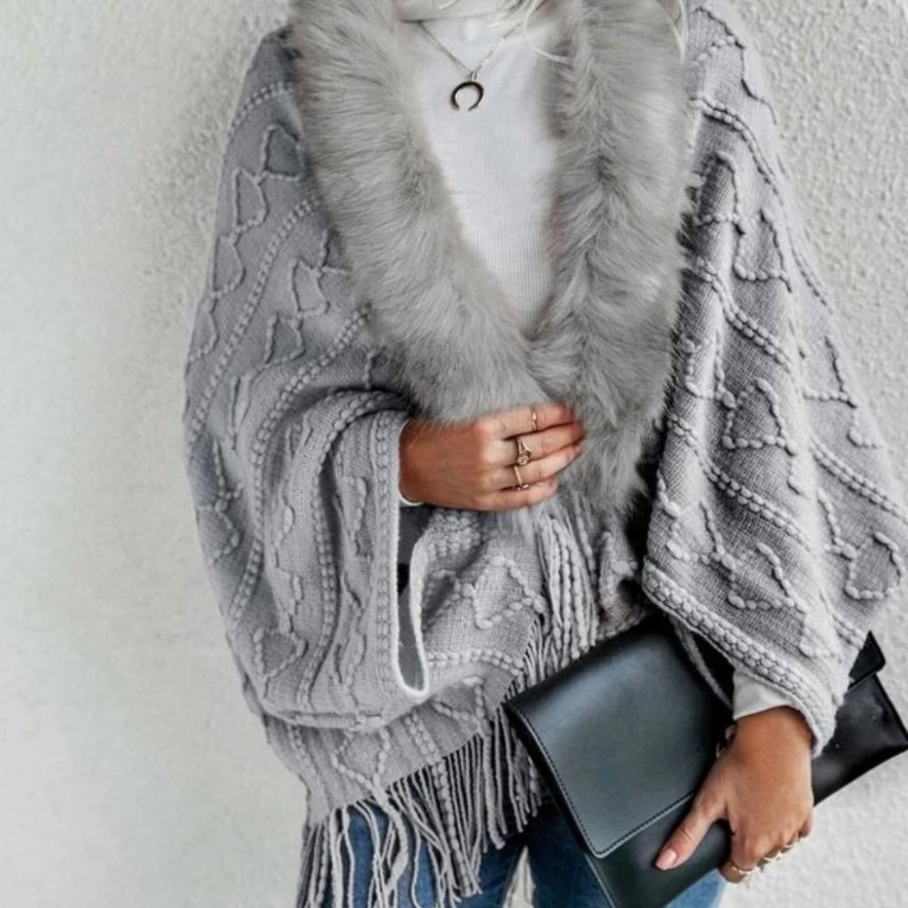 Gray Faux fur Trim Textured Knit  Open front Sweater Cardigan - Picture 5 of 9